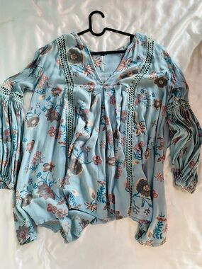 Free People Light Blue Floral Crochet-Trim Tunic